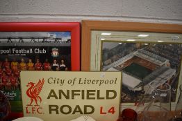 A selection of Liverpool football club framed ephemera and a tin sign.