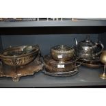 A collection of fine plated ware including rose bowl,serving tureen with hinged lid, spoons, tea pot