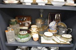 A mixed lot of items including dressing table set, glass ware, travel sets, cups and saucers and