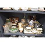 A mixed lot of items including dressing table set, glass ware, travel sets, cups and saucers and