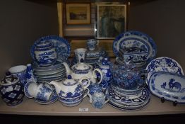 A variety of blue and white ware including plates,ginger jars, tea pots and more.