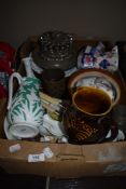 A varied box full of vintage and antique ceramics,kitchenalia and similar,jugs,candle sticks and