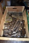 A box of vintage spanners including Whitworth and stilsons.