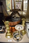 A selection of metal wares and hardware including candle sticks and copper pans