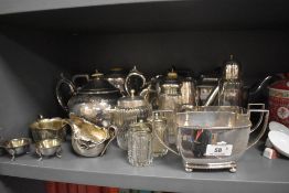 A selection of silver plate including preserve jar, sugar casters including Wembley souvenir,