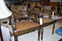 Two 19th Century chinioserie style arm chairs, not a pair but both with cane seats