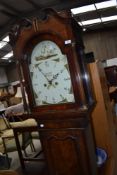 A 19th century long case clock having painted face dial, 30 hour only (false 8 day winding holes)