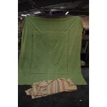 Two late 19th early 20th century bed coverlets, one lime green with embroidery and cut work, and the