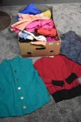A mixed box full of ladies vintage clothing, mixed styles, sizes and eras, around 1940s/50s onwards,
