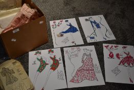 A selection of original 1970s drawings by R Jennings for Laura Ashley, patterns, fabrics and and