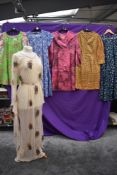 Six vintage dresses,including colourful print mini dress,and sheer maxi dress, mixed styles and