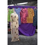 Six vintage dresses,including colourful print mini dress,and sheer maxi dress, mixed styles and