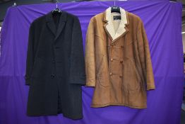 A gents 1960s Burton overcoat,and tan coloured 1970s sheep skin lined coat, medium to larger sizes.