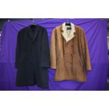 A gents 1960s Burton overcoat,and tan coloured 1970s sheep skin lined coat, medium to larger sizes.