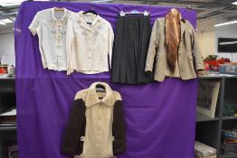 A varied lot of vintage items including blouses, wool jacket, checked blazer and fur tippet.