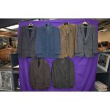 A mixed lot of gents vintage jackets and a 1960s Dunn and co suit, mixed colours and fabrics,