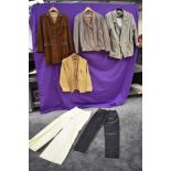 A selection of ladies leather and suede jackets, a pair of leather trousers and a pair of cream