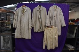 Three gents vintage macs or overcoats and a cable knit cream jumper.