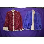 Two silk or silk blend Chinese jackets lined in wool, both having button fastening to front and