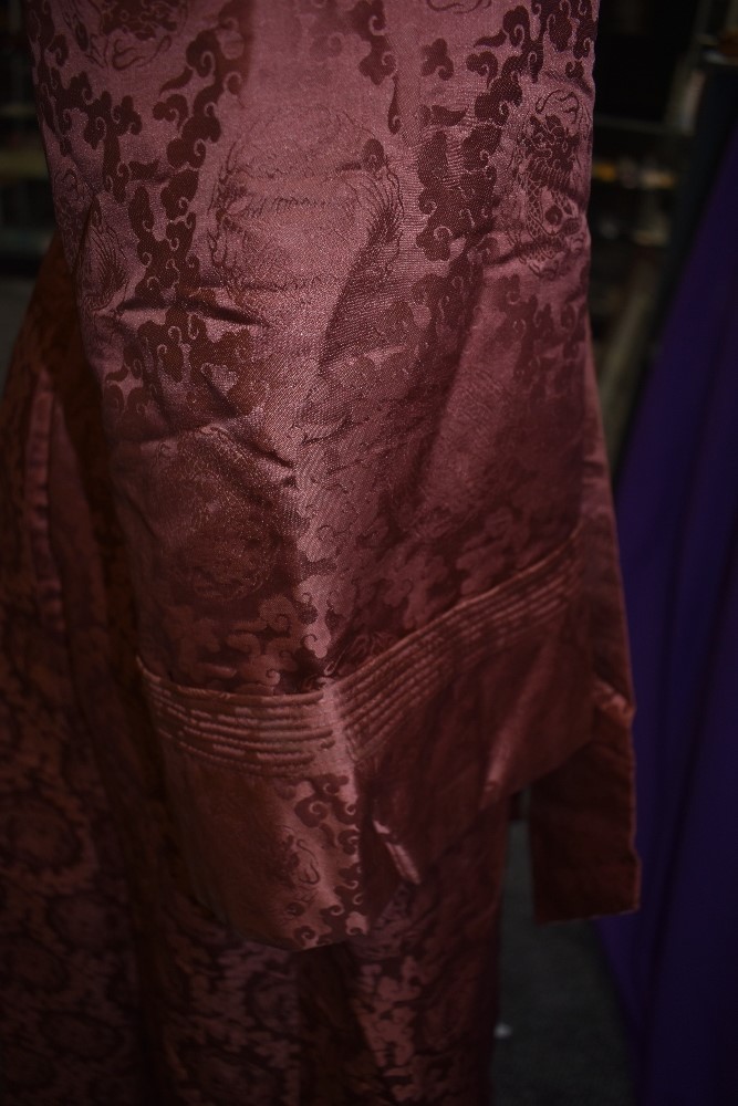 A full length Chinese dressing gown or house coat in terracotta silk or silk blend fabric, frog - Image 7 of 7