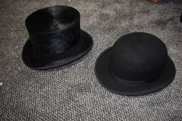 A vintage H.F Hellewell of Preston Bowler hat and a Battersbys and Co, London, top hat.