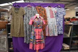 Six ladies vintage and retro dresses,including vibrant 1960s mini dress, mixed styles and sizes.