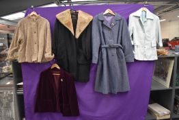 A variety of ladies vintage and retro coats and jackets including burgundy 1970s blazer.