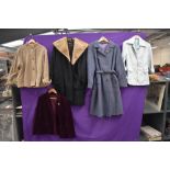 A variety of ladies vintage and retro coats and jackets including burgundy 1970s blazer.