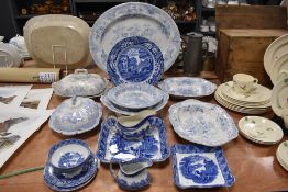 A selection of blue and white wear pottery including Copeland Spode