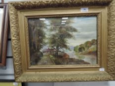 An original oil on board of a riverside homestead