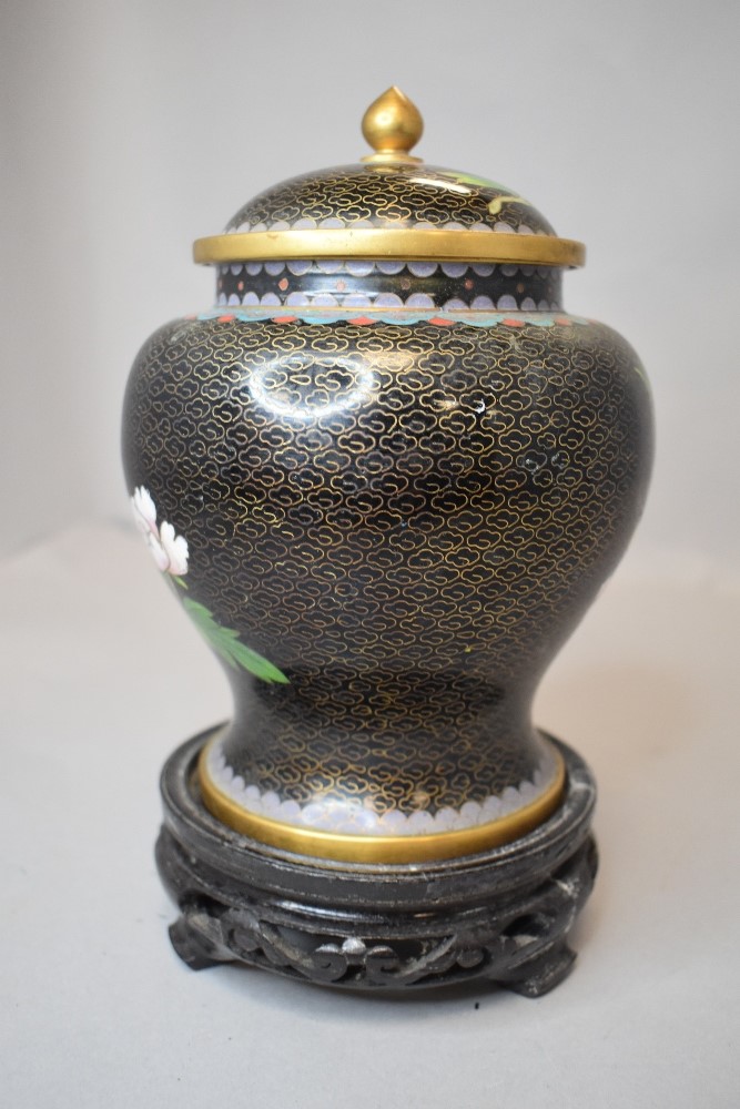 A cloisonne lidded ginger jar decorated with floral scenes on wooden stand - Image 2 of 2