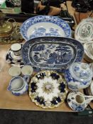 A large blue and white wear wash bowl by Copeland Spode