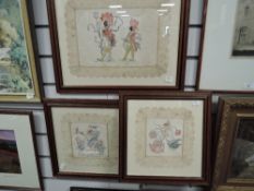 Three framed hand painted silk handkerchiefs with fairy tale themes