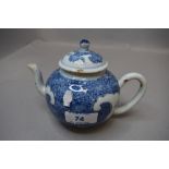 A small antique Chinese hard paste porcelain tea pot hand decorated with traditional blue and