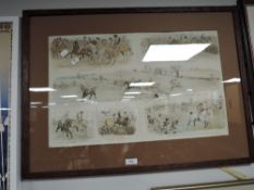 A print, humorous cross country, C19th, 34 x 55cm, plus frame and glazed