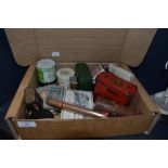 A selection of collectable tins containers and trinket cases including small brass telescope