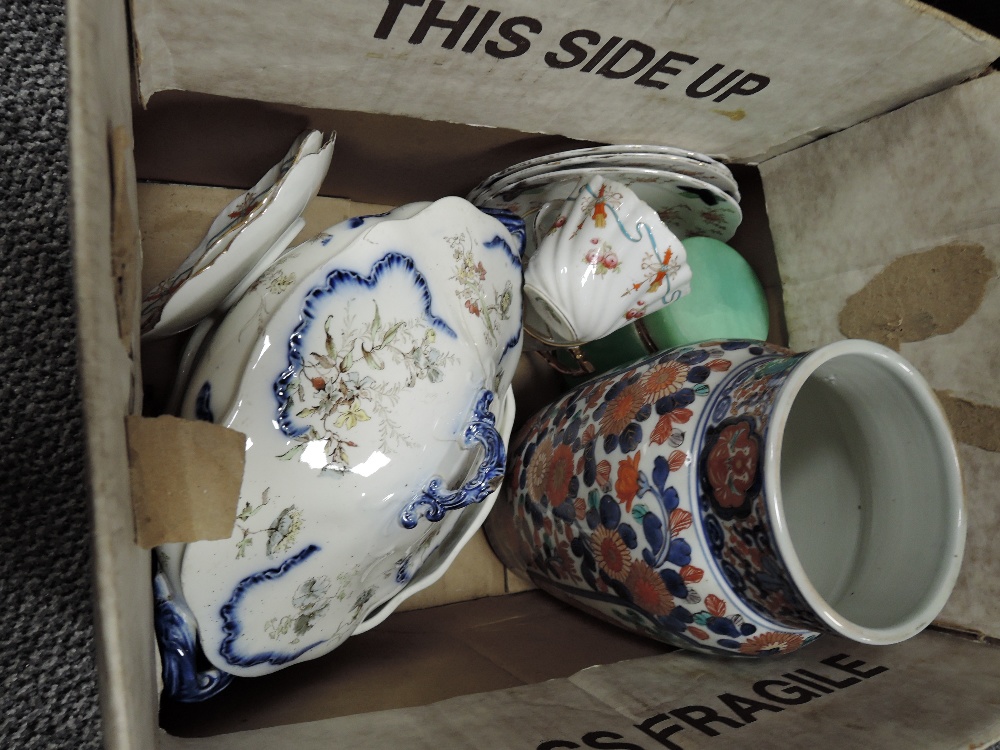 A selection of ceramics including a large Chinese hard paste imari palette vase