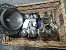 A selection of pewter including Norway and a set of lawn bowls