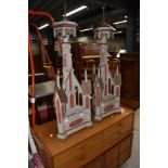 A pair of part oak and over painted gothic ecclesiastical architectural puginesque table lamps,