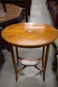 An Edwardian design satinwood occasional table having oval inlaid top and undertier, w 60cm