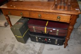 A Victorian Gothic style pitch pine side table on turned legs, width approx. 122cm