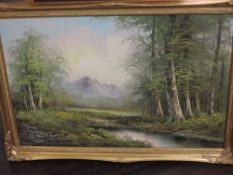An oil painting, J anus, mountain and woodland landscape, indistinctly signed, 50 x 75cm, plus
