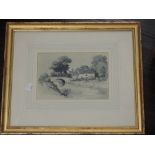 A pen and ink sketch, Hendle, South Kyme, indistinctly signed, and a selection of engravings, C19th,