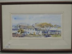 A watercolour, Sheila Aslam, The White Farmhouse, signed , 15 x 32cm, plus frame and glazed