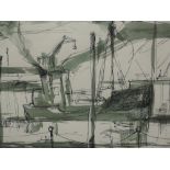 A pen and Ink sketch, attributed to Terry McGlynn, harbour vista, 26 x 36cm, plus frame and glazed