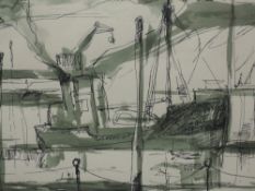A pen and Ink sketch, attributed to Terry McGlynn, harbour vista, 26 x 36cm, plus frame and glazed