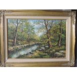An oil painting, BLT, woodland landscape, indistinctly signed, 38 x 48cm, plus frame