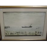 A print, after Lowry, Waiting for the Tide, 45 x 67cm, plus frame and glazed