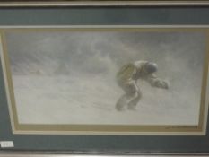 A print, after John Charles Dollman, Captain Oates at South Pole, signed, 32 x 52cm, plus frame