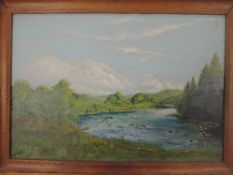 An oil painting on board, Heaton, river landscape, 30 x 44cm, plus frame
